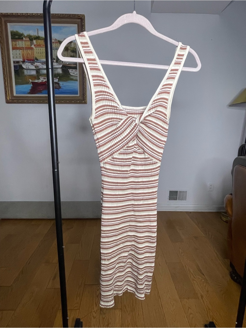 Abercrombie & Fitch Striped Twist-Front Midi Dress in Cream and Brown